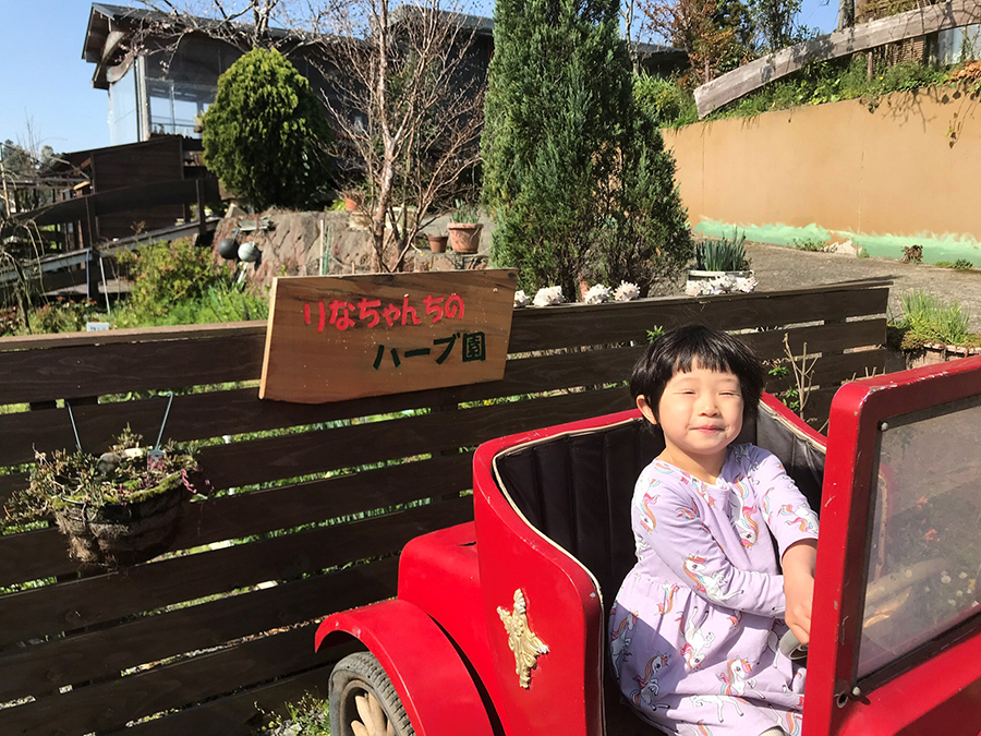 関吉はすっかり春色です。歩き始めてすぐ「稲音館」の前庭にハーブ園がありました。